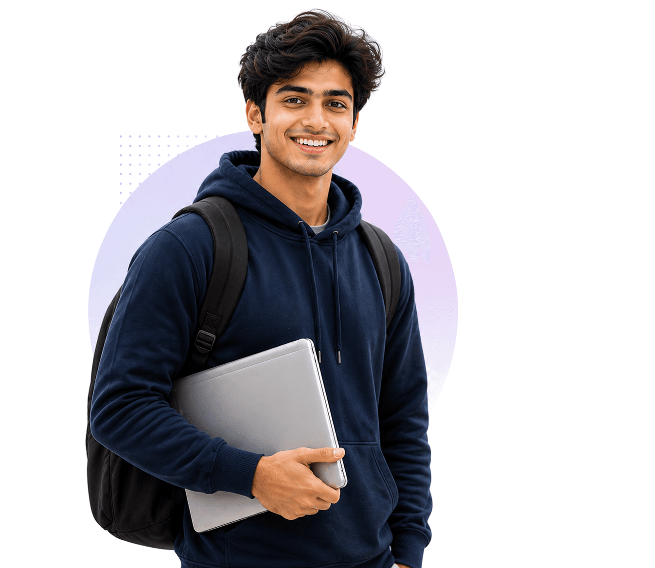 Smiling engineering student with a backpack holding a laptop, ready for placement preparation